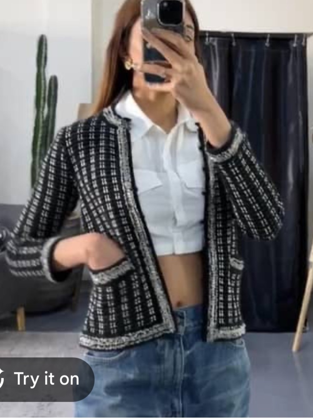 Alice + Olivia Georgia Black and White Tweed Cropped Jacket sz S